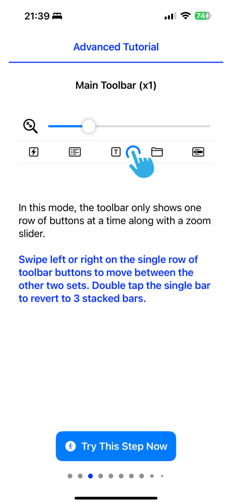 Erweitertes Tutorial für die Circuit Calculator App, das die Hauptwerkzeugleiste und die Zoom-Schieberegler-Oberfläche zeigt