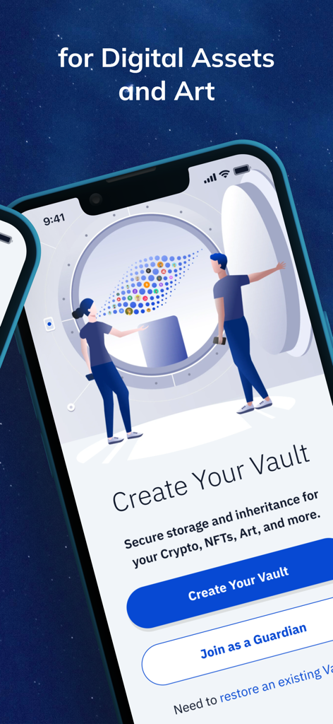 The Vault12 Guard mobile app screen displaying the option to create a secure digital vault for crypto and NFT inheritance.