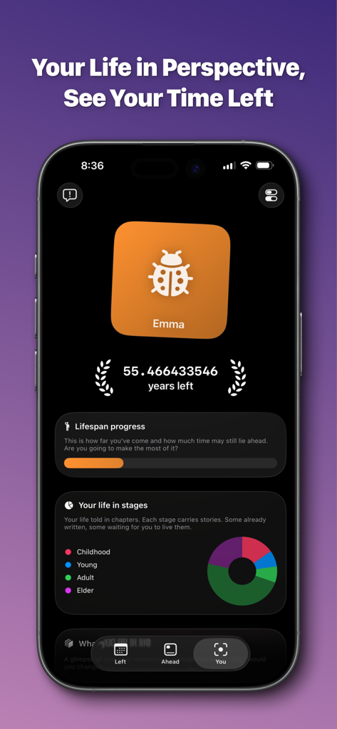 Left - Widgets for Time Left - Dashboard of the Left app displaying years left and life stages visualization