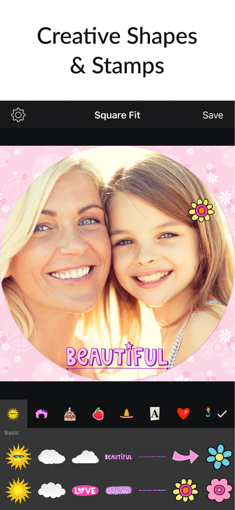 ステッカーと花の背景で装飾された円形のフレーム内に写真が表示されている、Square Fit Photo Video Editorのモバイルインターフェイス