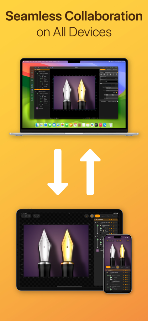 Logoist 5 - Logoist 5 graphic design app interface shown across MacBook, iPad, and iPhone illustrating seamless cross-platform workflow.