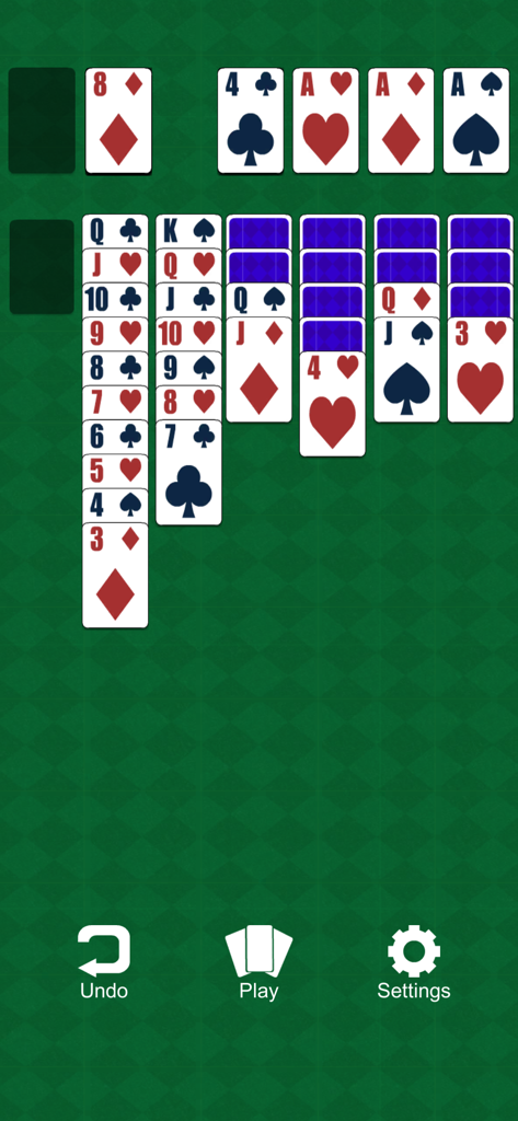 Klondike Kings Solitaire - Classic Klondike Solitaire card game interface on a green diamond pattern background