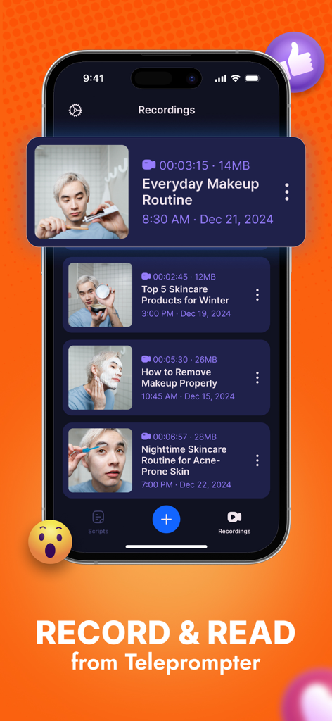 Teleprompter Video Script Pro - Teleprompter app dashboard showing a list of recorded video scripts with titles and thumbnails