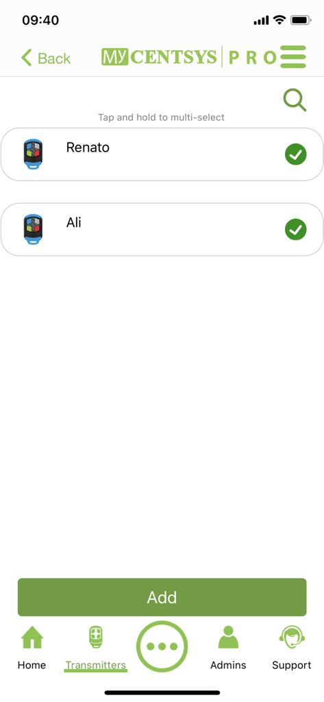 MyCentsys Pro - Screen from the MyCentsys Pro app displaying a list of registered gate remote transmitters with options to add more