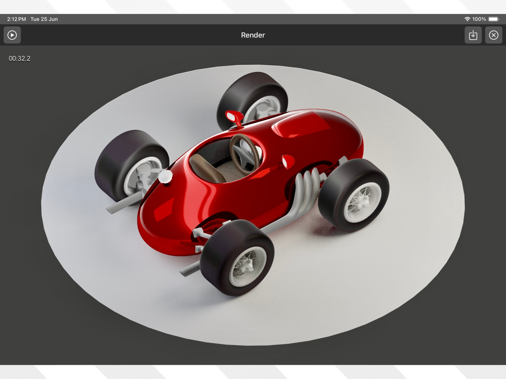 Un render 3D di alta qualità di un modello di auto da corsa rossa stilizzata creato nell'app DGArt