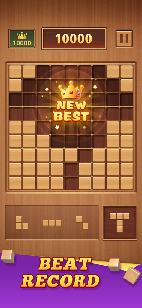 Wood Block 99 - Sudoku Puzzle - Pantalla del juego de rompecabezas de Sudoku Wood Block 99 mostrando un nuevo récord de 10000 puntos en una cuadrícula de madera