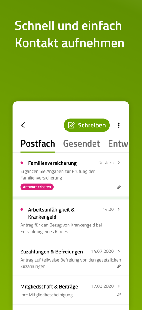 Digitaler Posteingang in der BARMER App mit Nachrichten für Familienversicherung und Krankengeldverwaltung