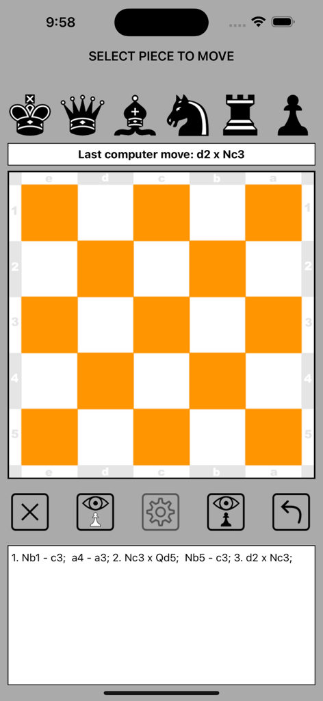 Blindfold Chess 5x5 - Blindfold Chess 5x5 game interface featuring an empty orange and white checkered board with move history and piece selection icons.