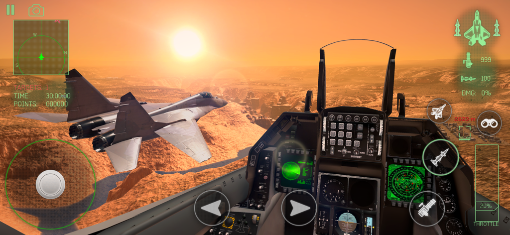 Fighter Jet Combat : Warzone - Realistic cockpit view of a fighter jet flying over a desert landscape at sunset