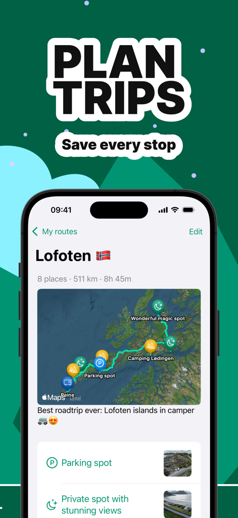 Campernight RV & Camper Spots - Campernight app interface showing a road trip itinerary for Lofoten with a route map and saved camper spots