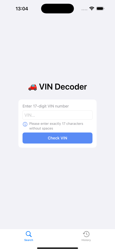 VIN decoder for Mercedes-Benz - Pantalla de búsqueda de la aplicación decodificadora de VIN de Mercedes Benz con un campo para ingresar un número de VIN de 17 dígitos y un botón de verificación