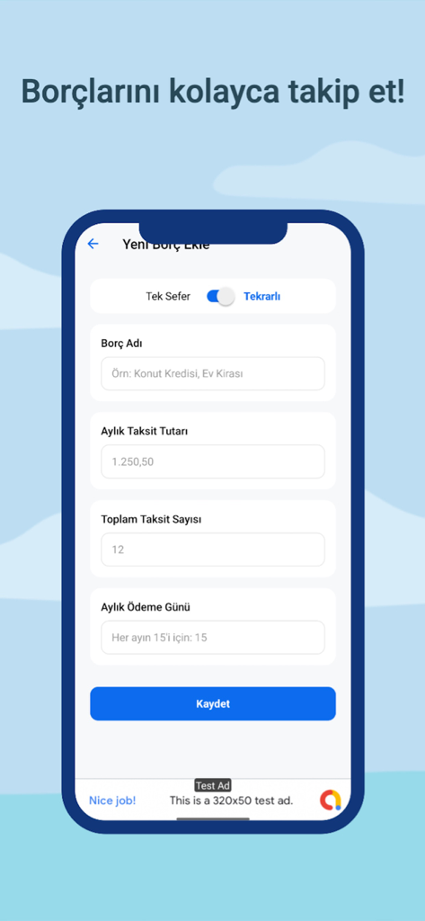 Borç Defteri - Oberfläche zum Hinzufügen einer neuen Schuld in der Borc Defteri App mit Feldern für Name, monatlicher Betrag und Gesamtraten