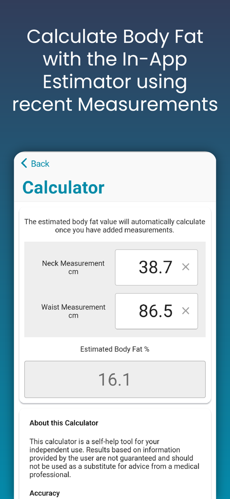 Body Measurement - Measure Up - Interface of the Measure Up app body fat calculator showing neck and waist measurement inputs with estimated body fat percentage.