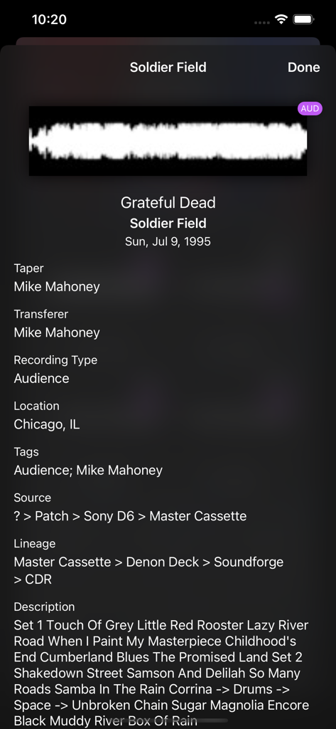 Live Music Archive - Concert details for Grateful Dead at Soldier Field in 1995 on the Live Music Archive app.