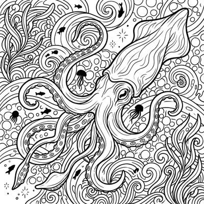 Journey to the ocean's hidden depths with this intricate coloring page featuring a magnificent giant or colossal squid. Its powerful tentacles and expressive eyes invite you to bring the mystery of the deep sea to life with your favorite colors.