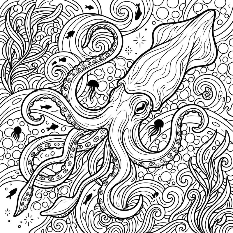 Journey to the ocean's hidden depths with this intricate coloring page featuring a magnificent giant or colossal squid. Its powerful tentacles and expressive eyes invite you to bring the mystery of the deep sea to life with your favorite colors.