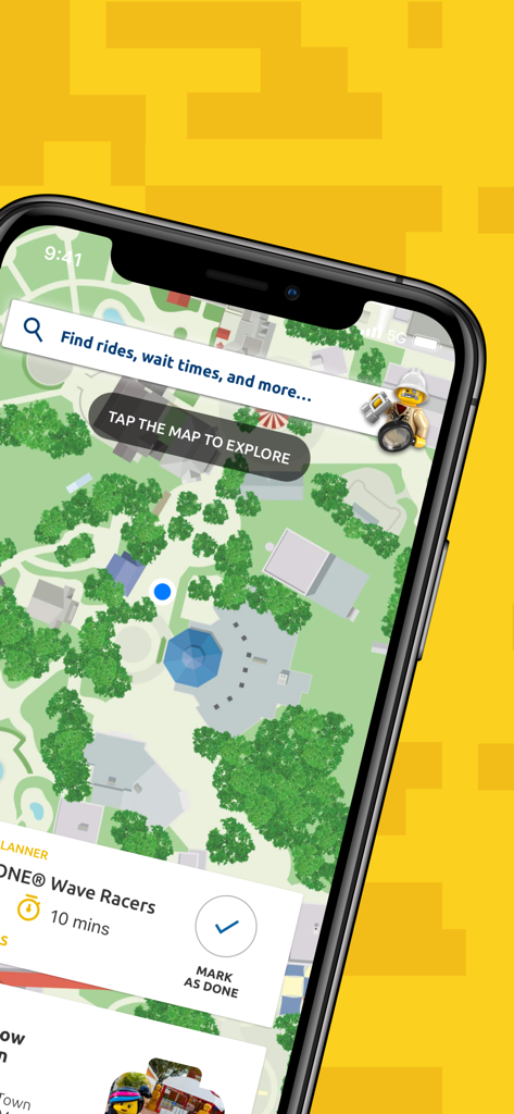 LEGOLAND® Florida Resort - LEGOLANDフロリダリゾートのモバイルアプリインターフェイス、インタラクティブパークマップとアトラクションの待ち時間を表示