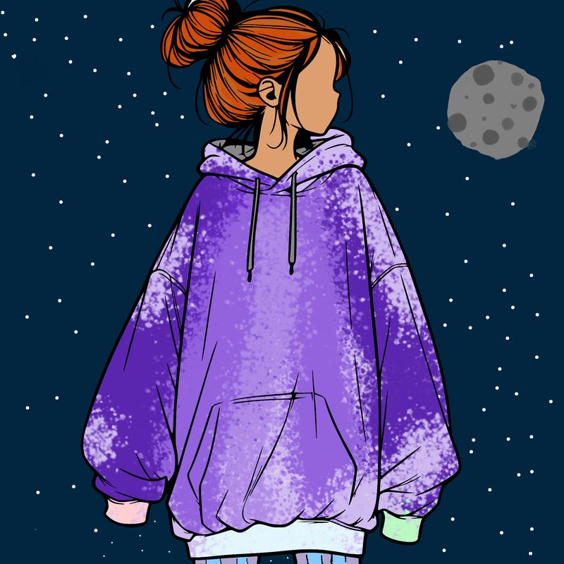 realistic girl with a oversized sweatshirt on and a bun