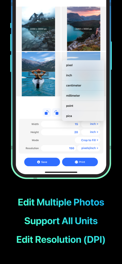 Resize Photos· - 単位選択と解像度設定を備えた、写真の一括リサイズ用インターフェース。