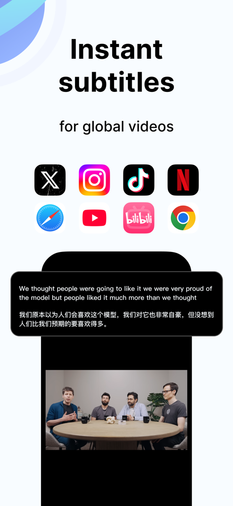 Transly - Live Translator - Aplicativo Transly mostrando legendas instantâneas de IA para vídeos em plataformas como YouTube, TikTok e Netflix.