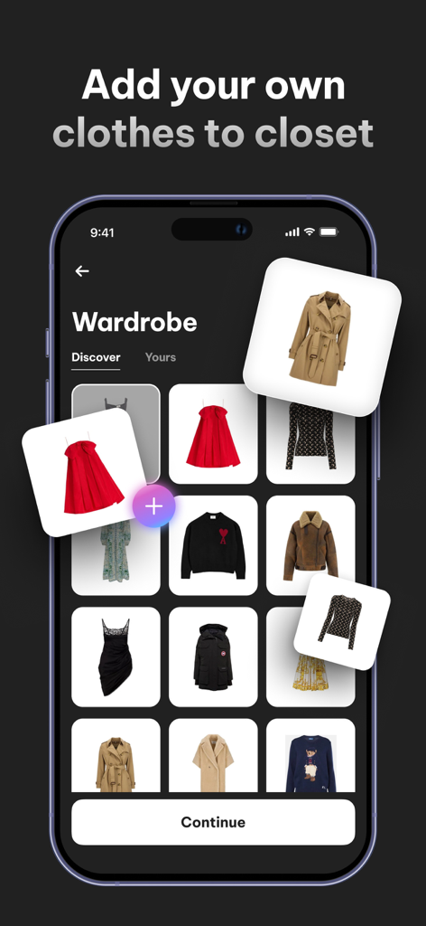 AI Fashion Try-On Stylist - Digital closet screen in the Catwalk AI app showing a grid of clothing items including dresses coats and sweaters with an option to add new pieces