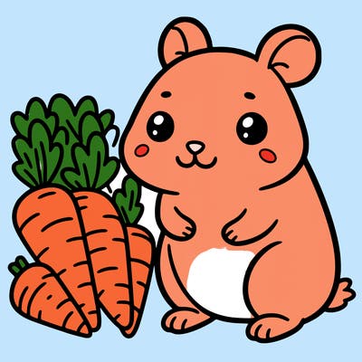 a hamster next to a bunch of carrots