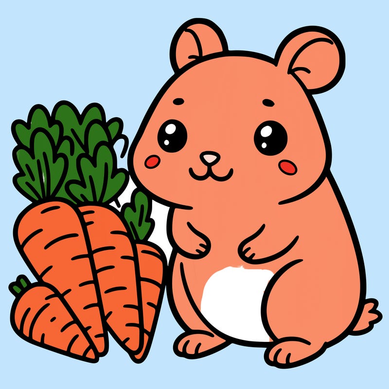 a hamster next to a bunch of carrots