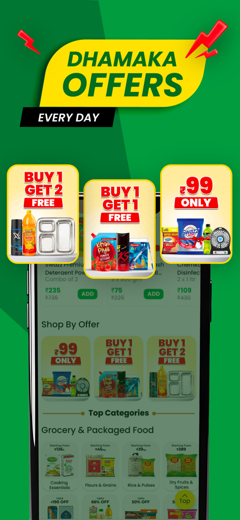 DealShare app interface showing daily dhamaka offers and grocery categories
