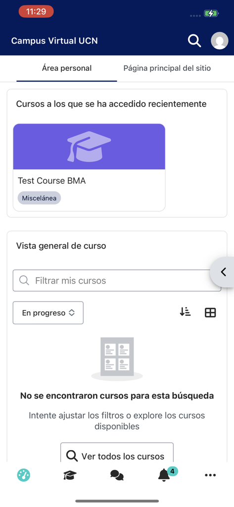 Panel personal de la aplicación móvil Campus Virtual UCN que muestra cursos académicos accedidos recientemente y herramientas de búsqueda.