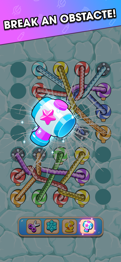 Tangle Rope: Twisted Master - Potenciador de martillo rompiendo un obstáculo en el juego Tangle Rope Twisted Master
