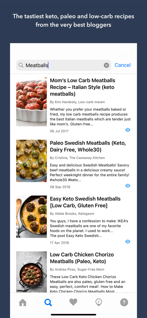 Keto App: Recipes Guides News - Una pantalla de búsqueda en la aplicación Keto que muestra varias recetas de albóndigas bajas en carbohidratos y paleo de bloggers populares.