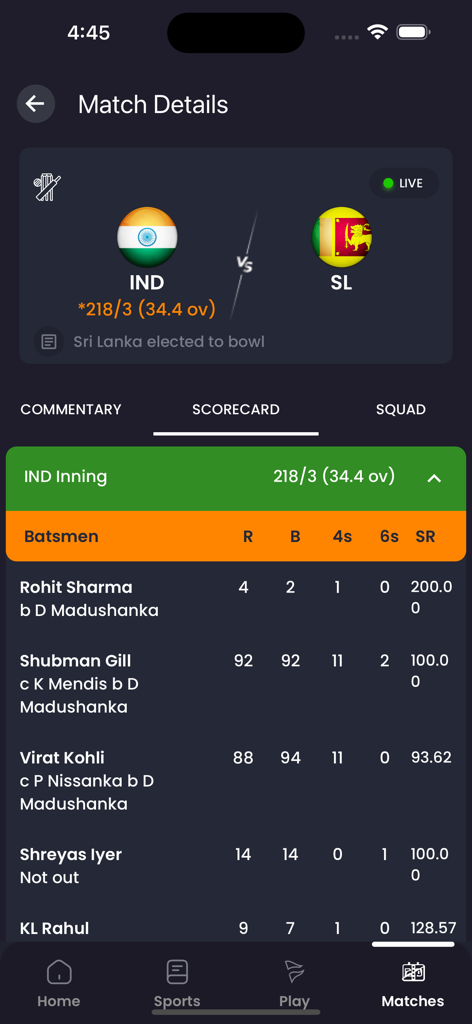 Live cricket scorecard for India versus Sri Lanka match on Khel Now app