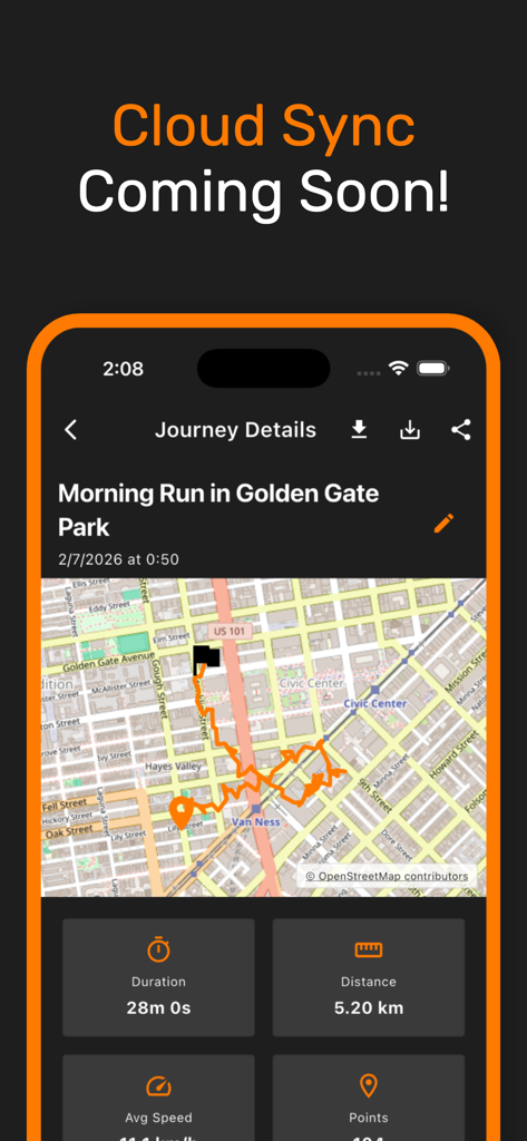 orRound - Journey Tracker - orRound App-Anzeige eines aufgezeichneten Laufs, einschließlich Routenkarte, Entfernung und Dauer-Statistiken
