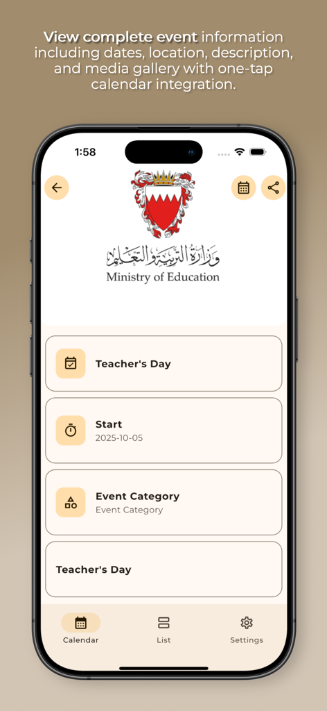 Detailed view of an educational event in the eduCAL.BH mobile app