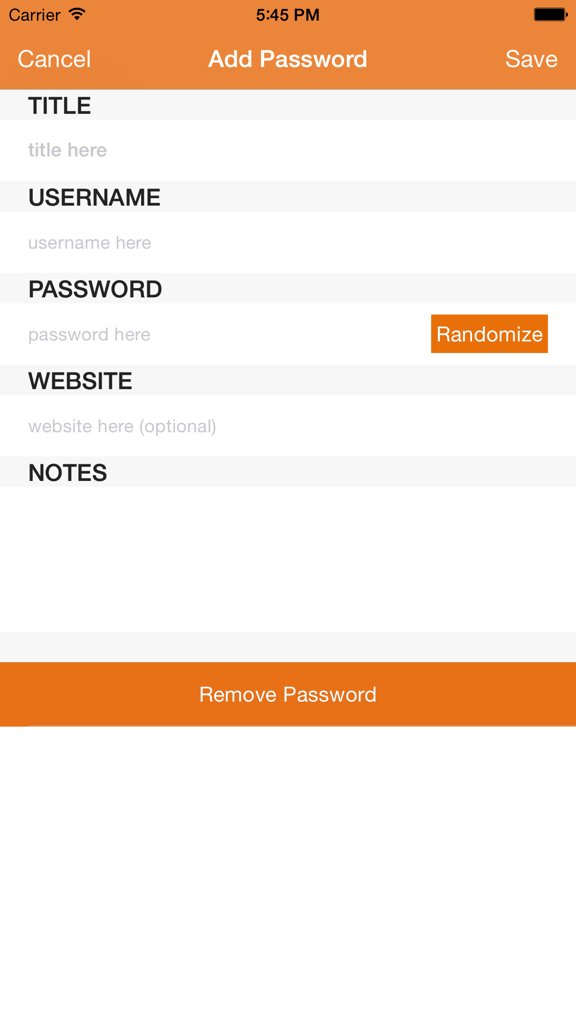 FingerLock - Protect Your Passwords - Add Password screen in FingerLock app with fields for title username password and website
