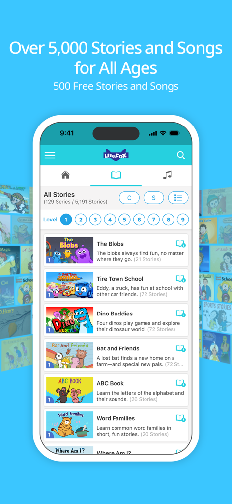 Little Fox English - Little Fox English app interface showing a library of leveled animated stories for children