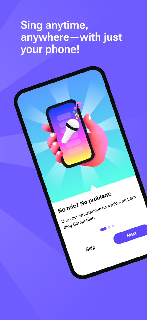 Intro screen of Let's Sing Companion app showing how to use a smartphone as a karaoke microphone