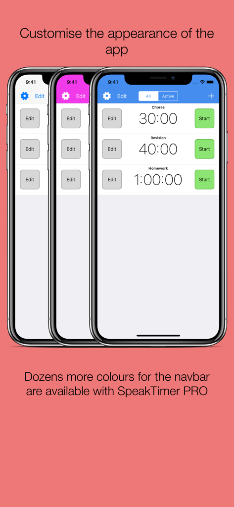 SpeakTimer - Voice Alert Timer - SpeakTimer app interface showing different navigation bar color options and a list of active timers for chores and revision