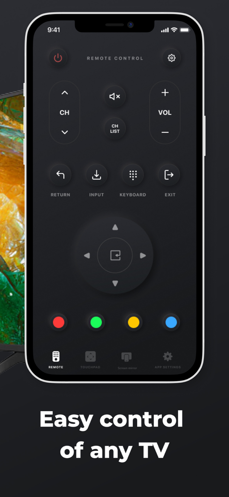 Smart TV remote app - Smartphone screen showing a realistic digital remote control for smart TVs with volume and navigation buttons