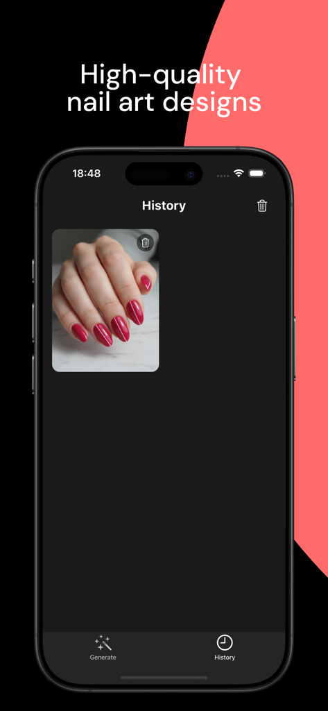 AI Nails: Nail Art & Design - AI Nails app history screen displaying a saved magenta manicure design on a smartphone interface