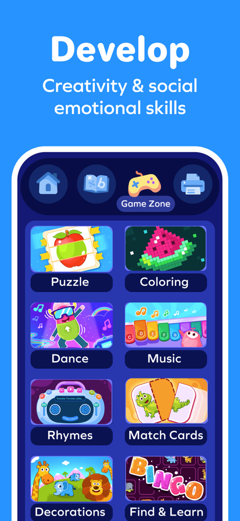 SplashLearn app interface showing a variety of educational activities like puzzles coloring and music for developing kids creativity