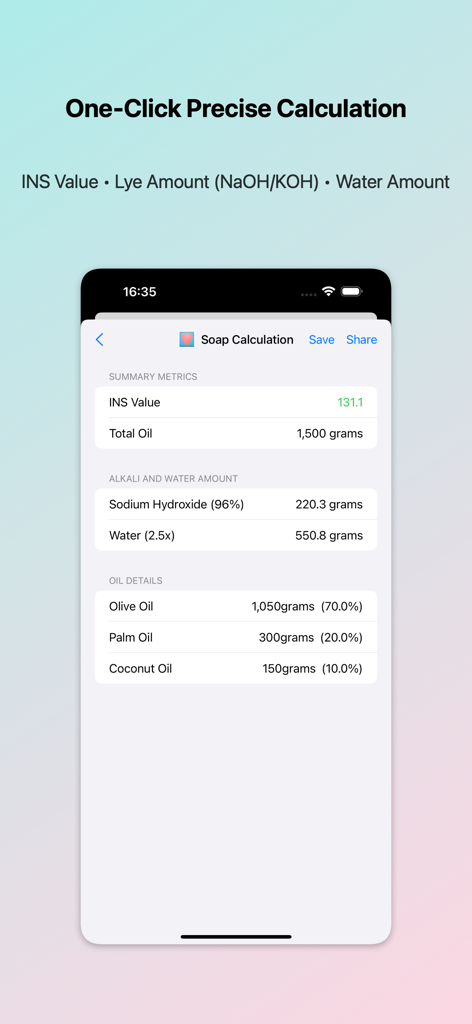 Soap Calculator - Lye Calc - Zusammenfassung der Seifenrezeptberechnung, die Lauge- und Wassermengen mit spezifischen Ölprozenten zeigt.