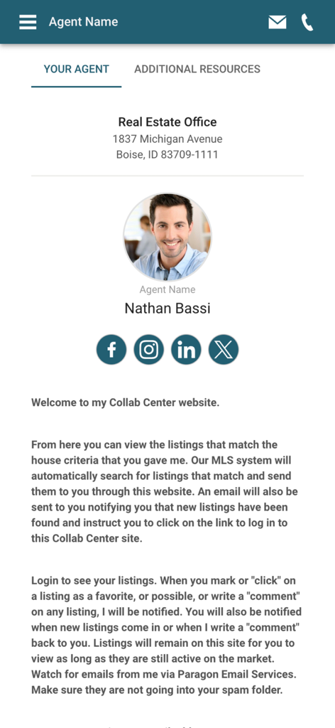 Real estate agent profile page in the Collaboration Center app showing contact details and welcome message