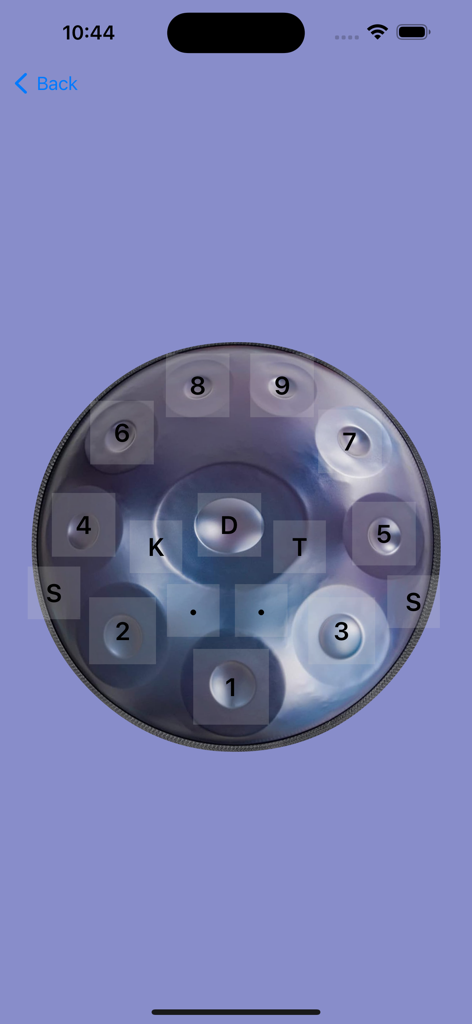 Handpan Rhythms - Interface de handpan virtuel présentant des notes numérotées et des étiquettes de frappe pour jouer de la musique