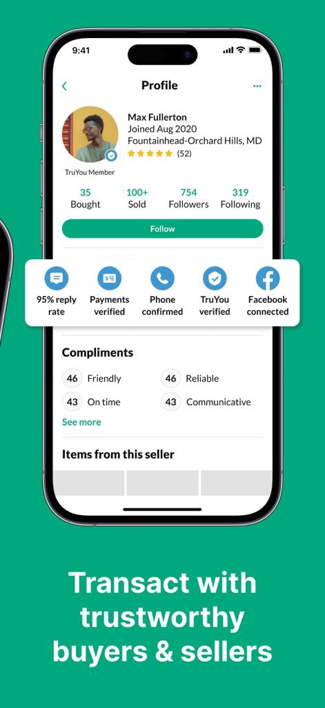OfferUp - Buy. Sell. Simple. - A user profile on the OfferUp app displaying star ratings, TruYou verification, and verified credentials for safer transactions.