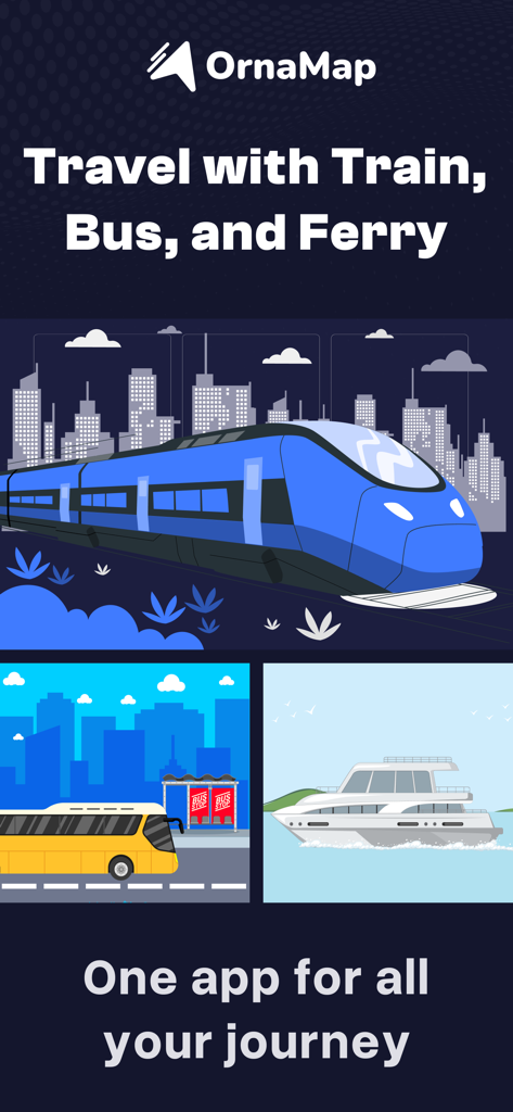 OrnaMap: Lagos Transport App - OrnaMap app screen showing transportation options including train bus and ferry for travel in Lagos