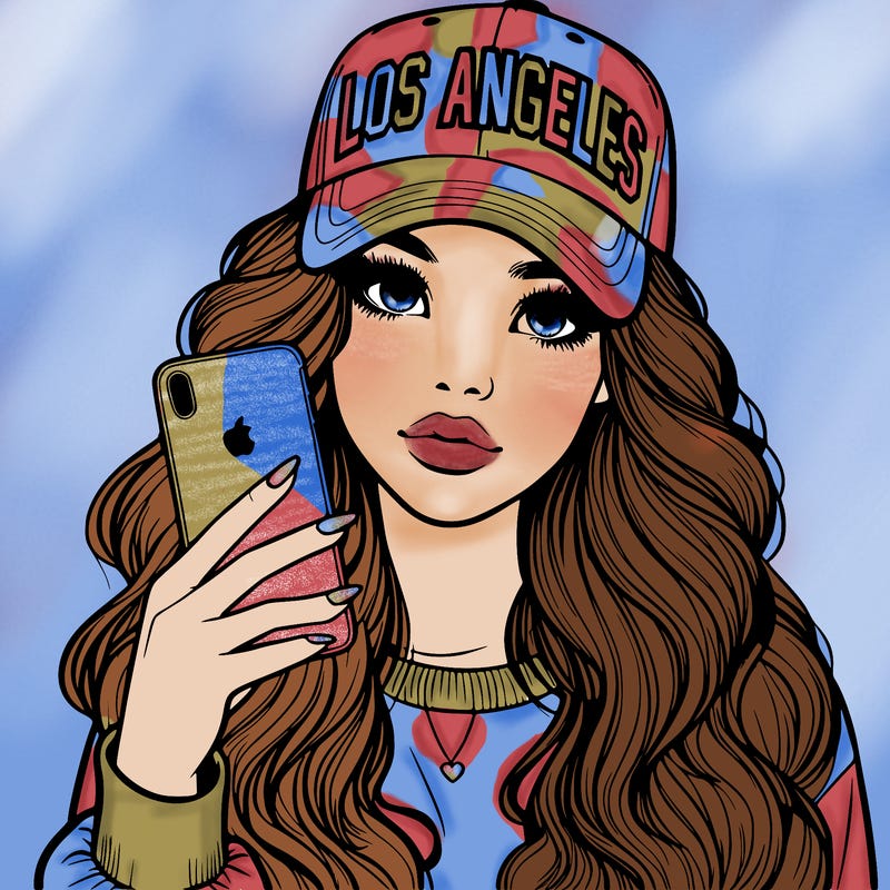 realistic beautiful girl wearing los ángeles cap holding an iphone