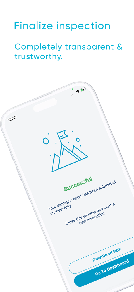 Mobile app screen showing a successful car inspection report submission with options to download a PDF or go to the dashboard