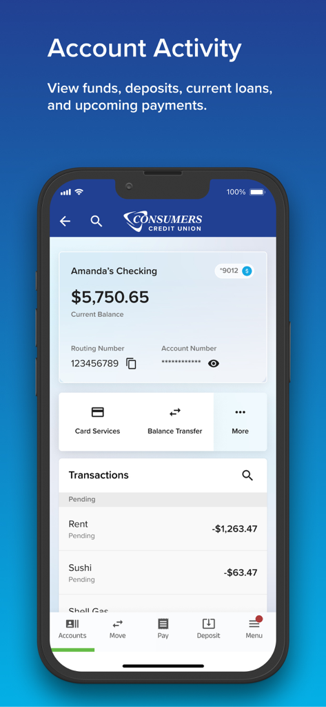 Consumers Credit Union mobile app interface showing a checking account balance and pending transactions like rent and groceries.