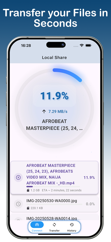 LocalShare:FileShare AnyDevice - Una pantalla de iPhone mostrando la interfaz de la aplicación LocalShare con la transferencia de un archivo de video grande en progreso al once punto nueve por ciento de completitud y una velocidad de siete punto veintinueve megabytes por segundo